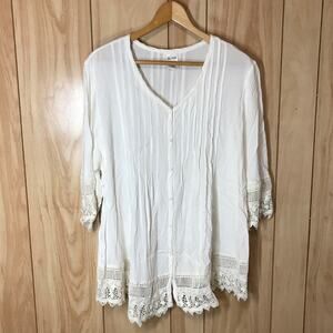 Blair Soft & Comfortable Cream V Neck 3/4 Sleeve Embroidered Trim Top XL